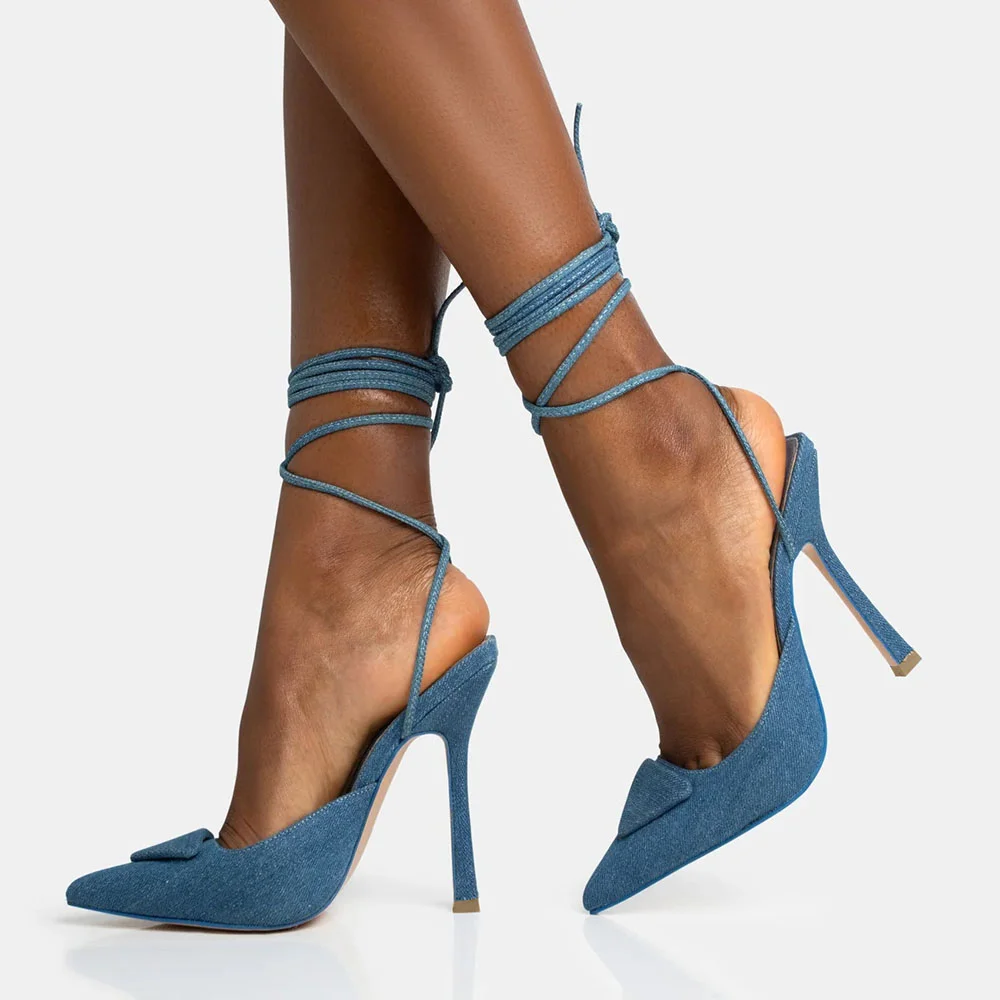 Blue Denim Closed Pointed Toe Lace Up Sandals With Stiletto Heels Nicepairs
