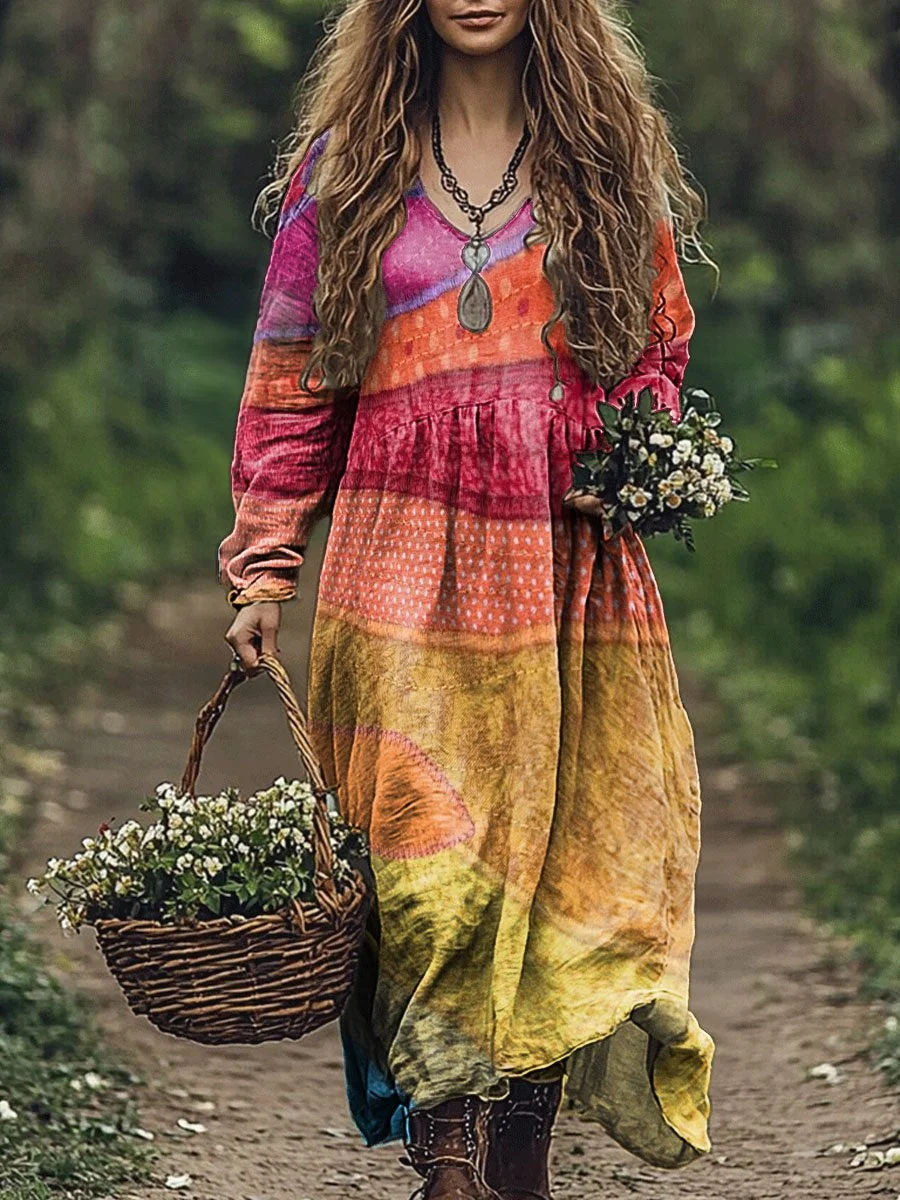 Women's Colorful Patchwork Print Pocket Cotton Dress