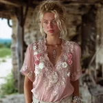 Vintage Boho Roses Embroidered Flowy Linen Shirt - Image 2