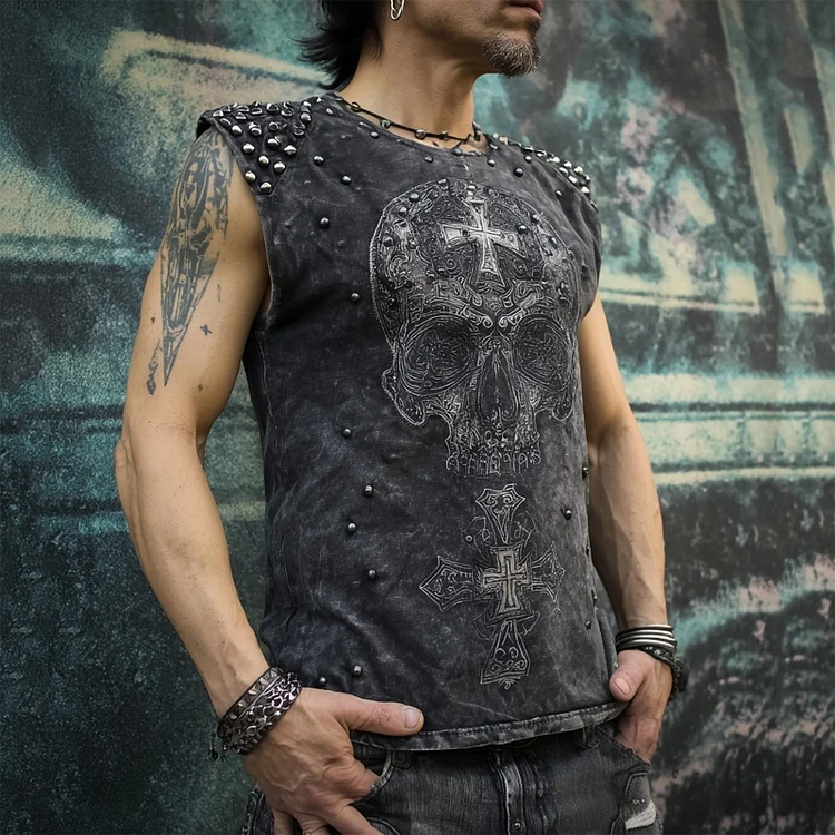Men's Rock Style Skull Cross Studded Vintage Washed Tank Top