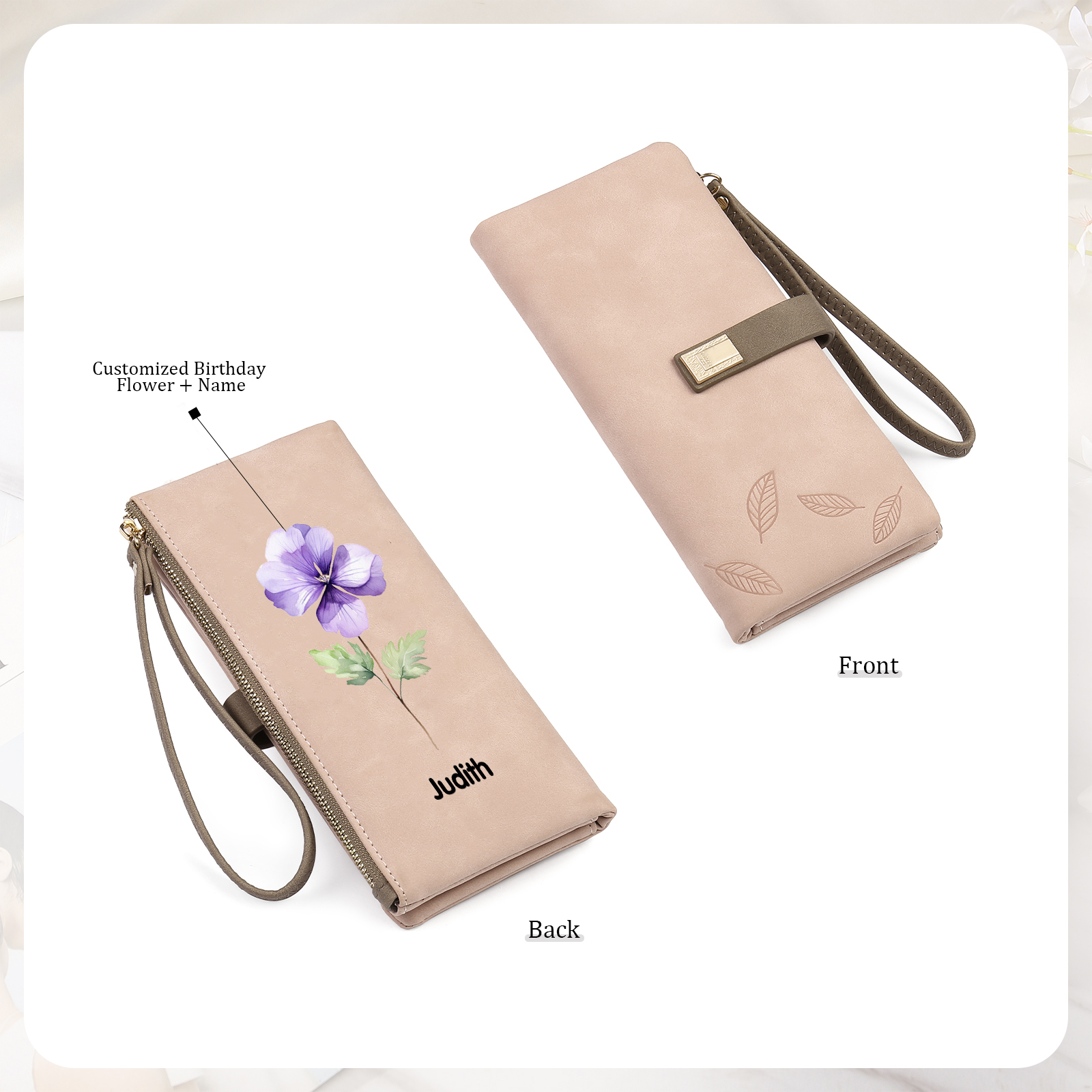 Personalized Exquisite Women'S Wallet Customized Birth Flowers And Name Zipper Women'S Wallet