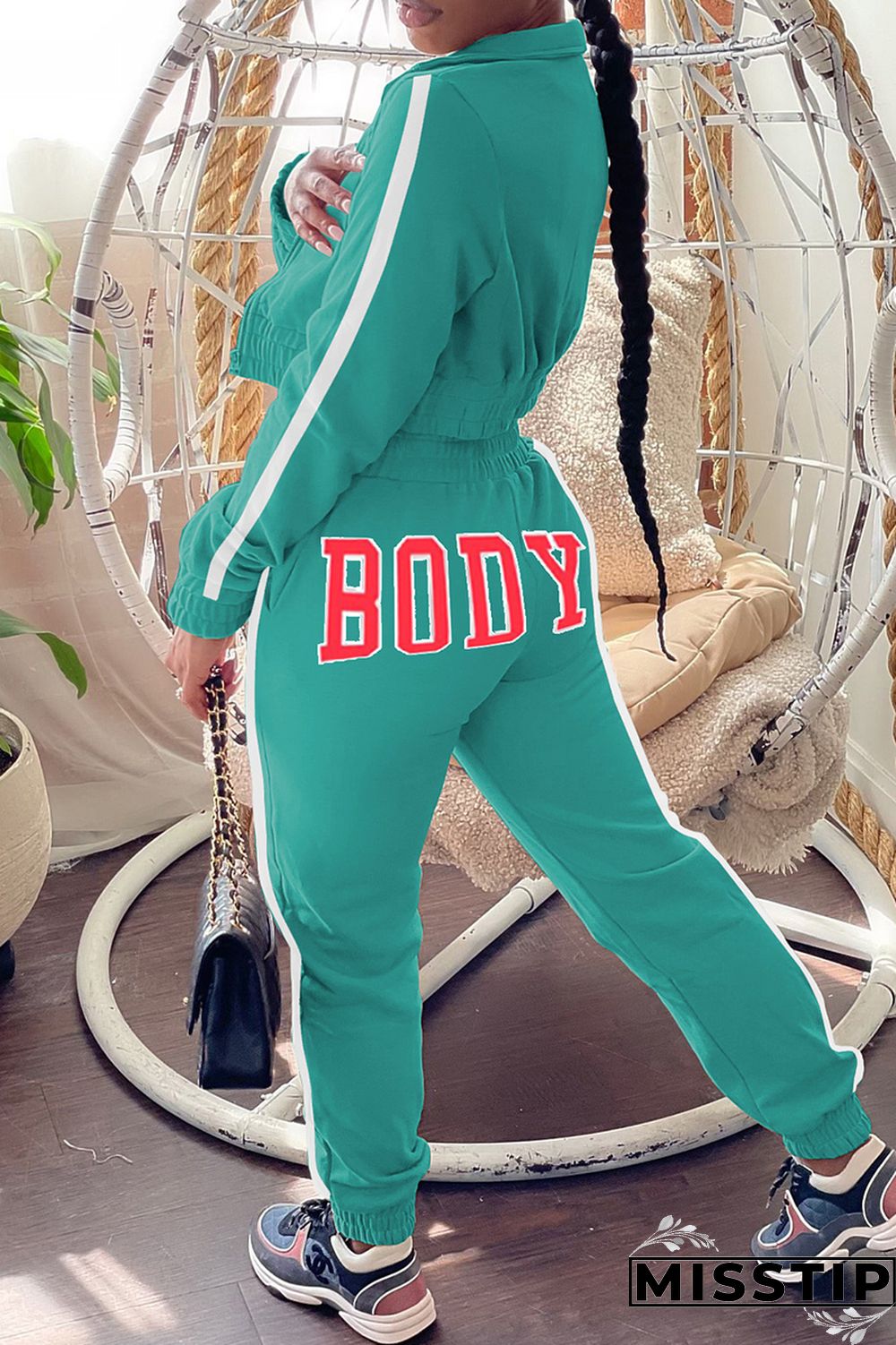 Blue Casual Letter Print Patchwork Zipper Collar Long Sleeve Two Pieces