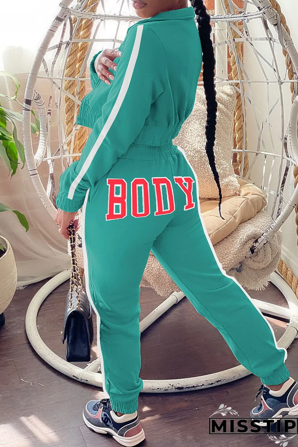 Blue Casual Letter Print Patchwork Zipper Collar Long Sleeve Two Pieces