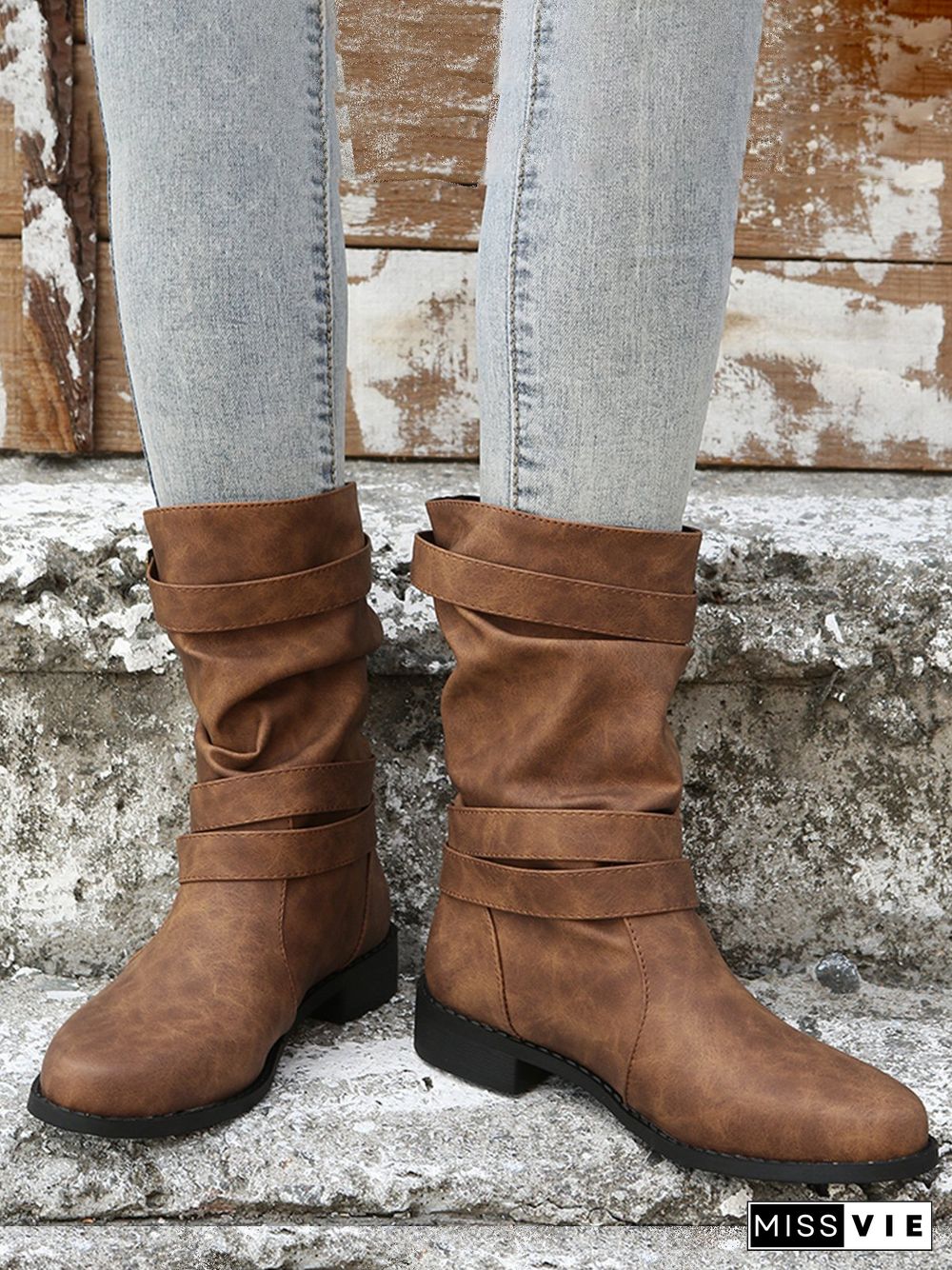 Ruched Buckle Casual Leather Booties