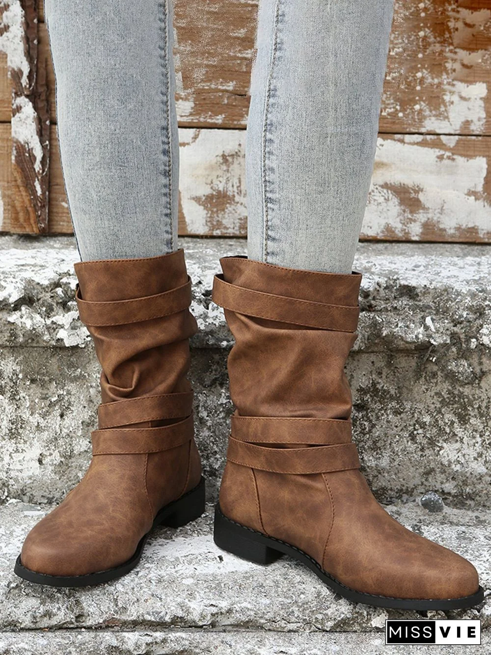 Ruched Buckle Casual Leather Booties