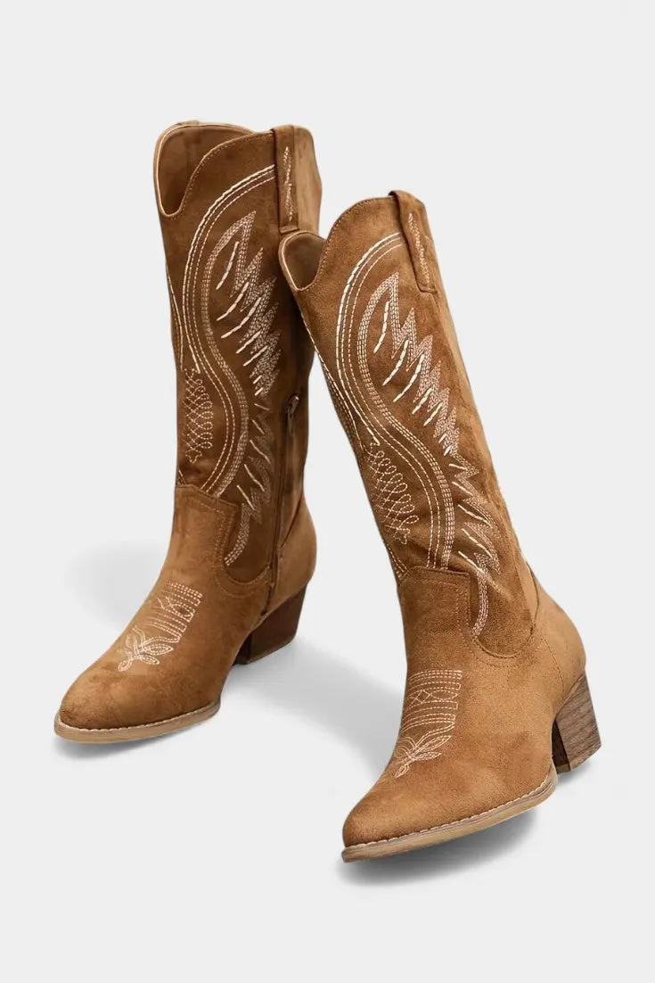 Embroidered Suede Cowboy Boots with Block Heel