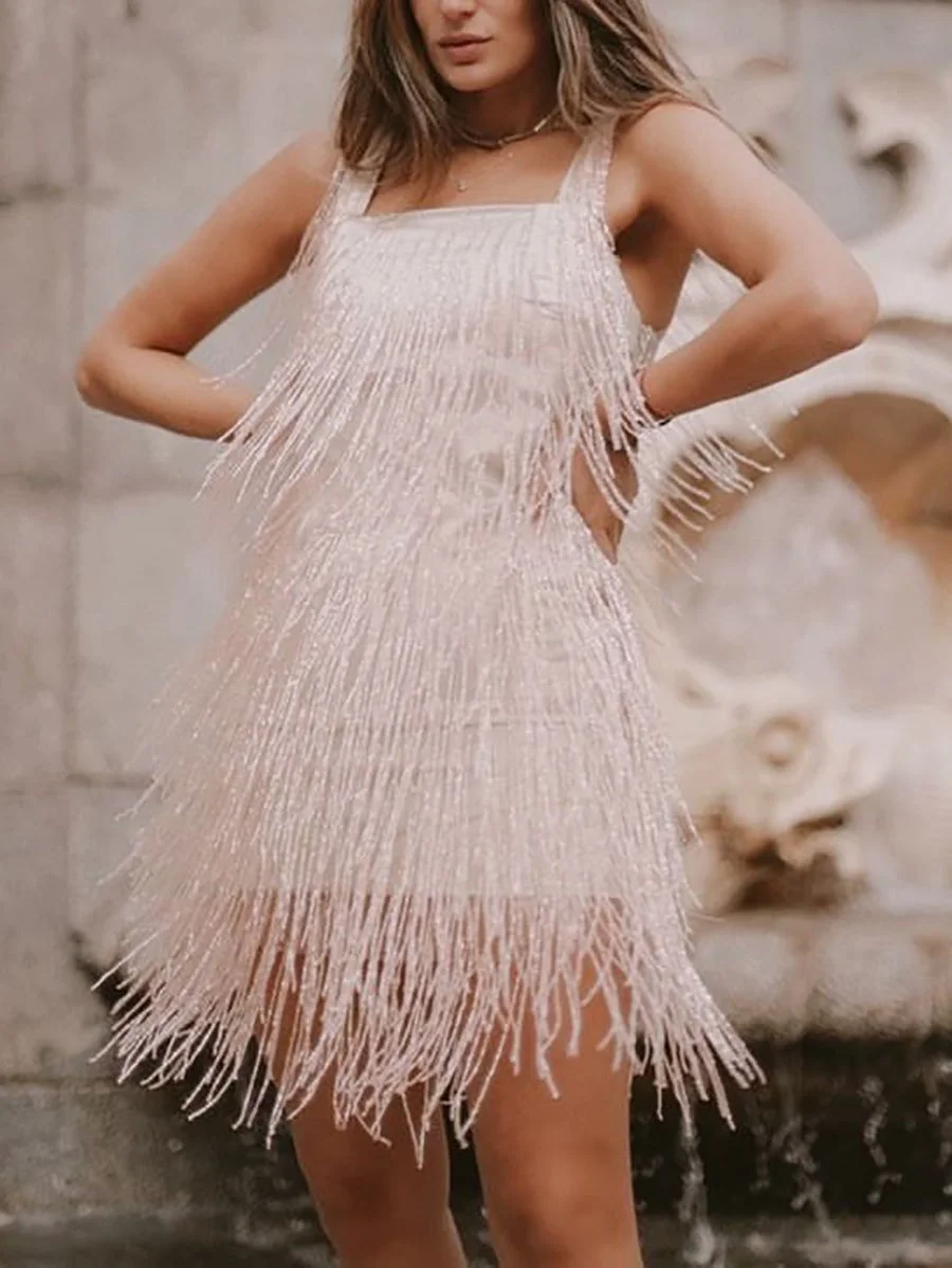 Sexy square neck fringed mini party dress