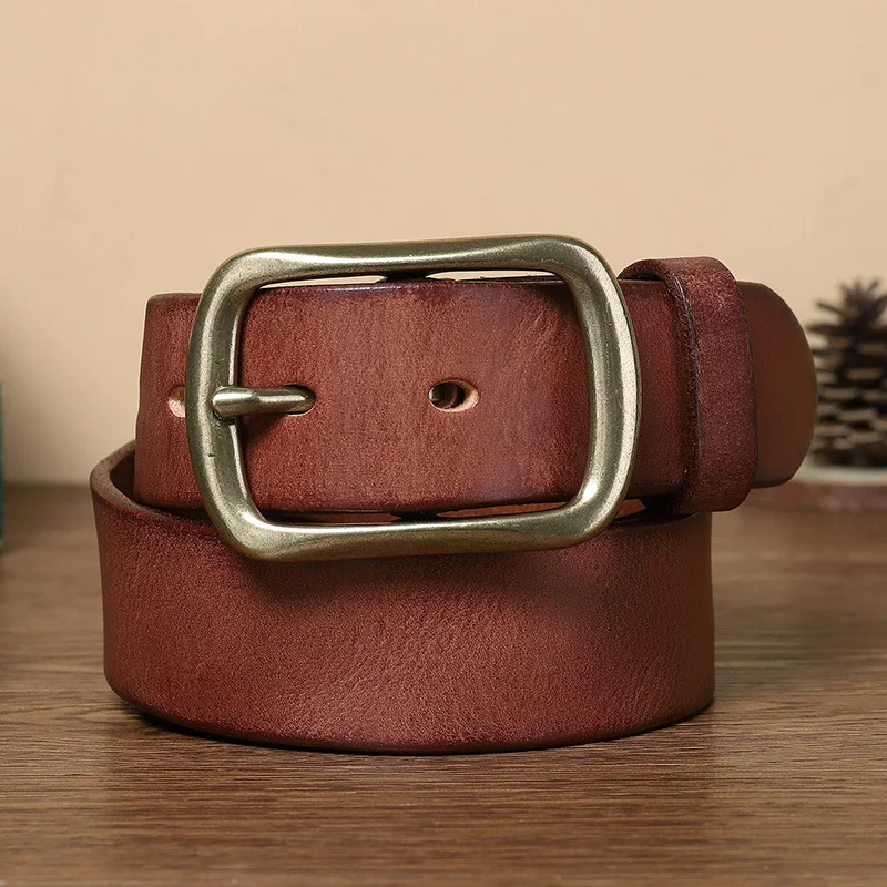 Retro Pleated Copper Buckle Belt Men's Genuine Leather Pin Buckle Cowhide Belt