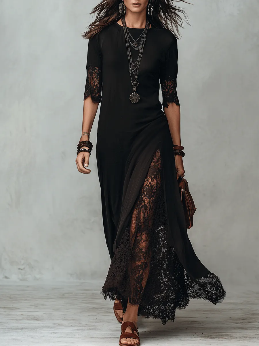 Romantic Gothic Sheer Lace Half-Sleeve Black Maxi Dress - Detail 1