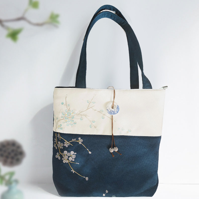 Plum Embroidery Color Block Vintage Tote Bag