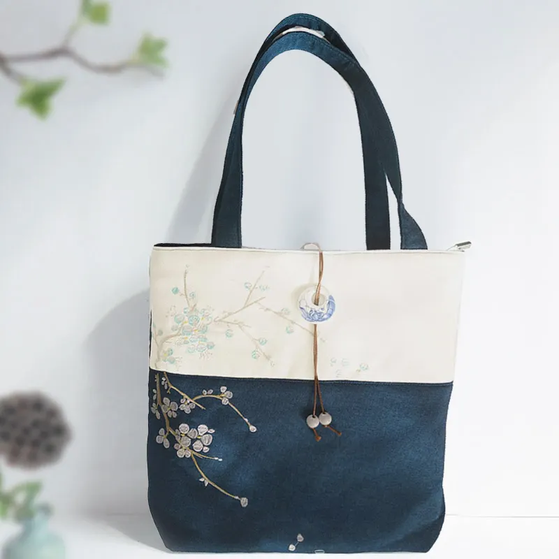 Plum Embroidery Color Block Vintage Tote Bag