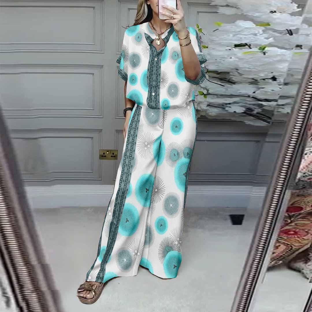 Women Floral,Blue,Gray DZDL1123 V-neck Short Sleeve Blouse and Pants Set