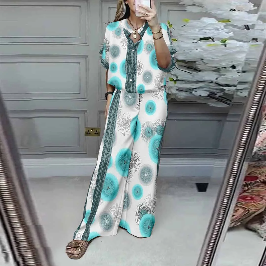 Women Floral,Blue,Gray DZDL1123 V-neck Short Sleeve Blouse and Pants Set