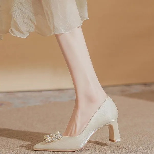 Churchf New Xiuhe Wedding Dress Silk Head Slender High Heel Wedding Shoes Coarse Heel Shallow Singles Women's Dress Shoes