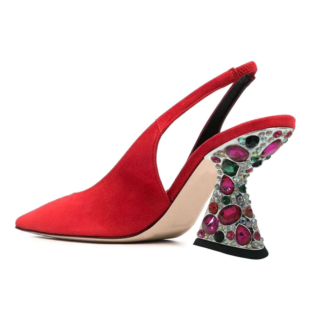 Red Faux Suede Pointed Rhinestone Embellished Slingback Pumps