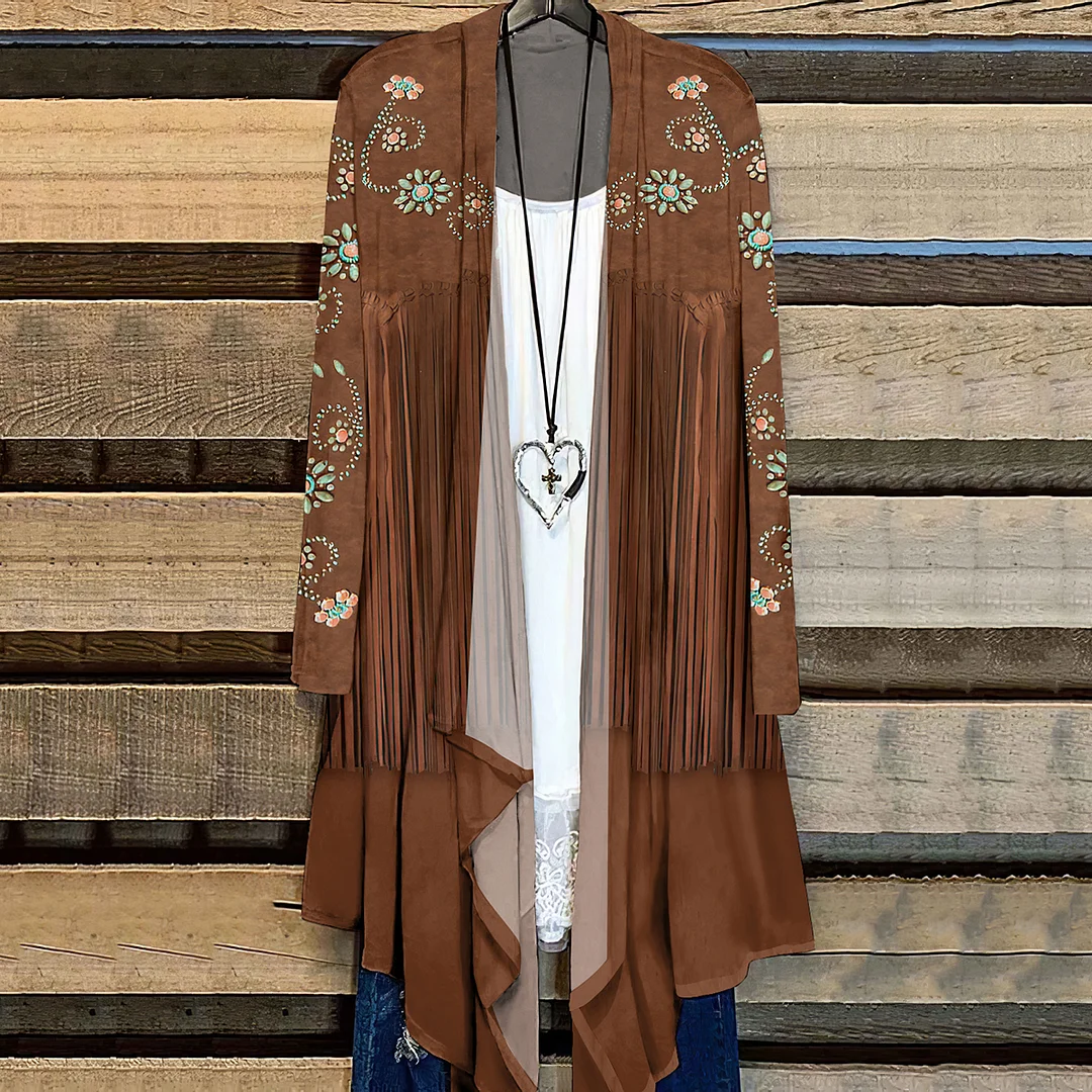 Western Tribal Tassels Printed Long Sleeve Cardigan
