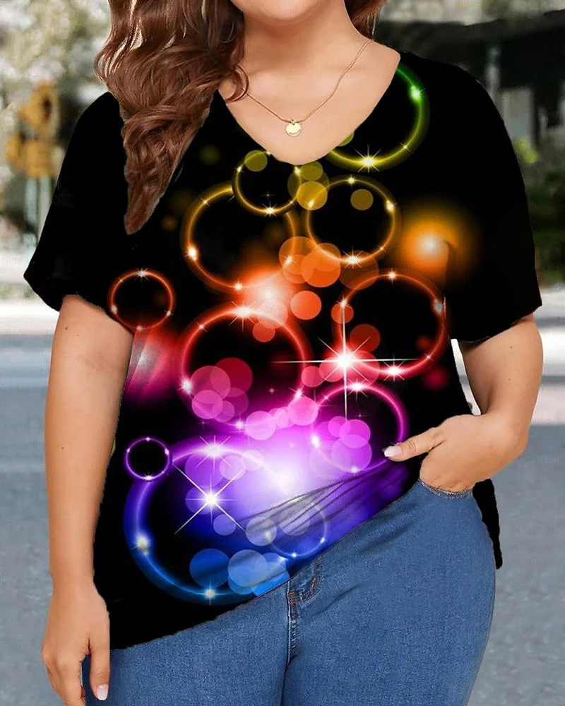 Personalized aperture print V-neck plus size ladies short-sleeved T-shirt