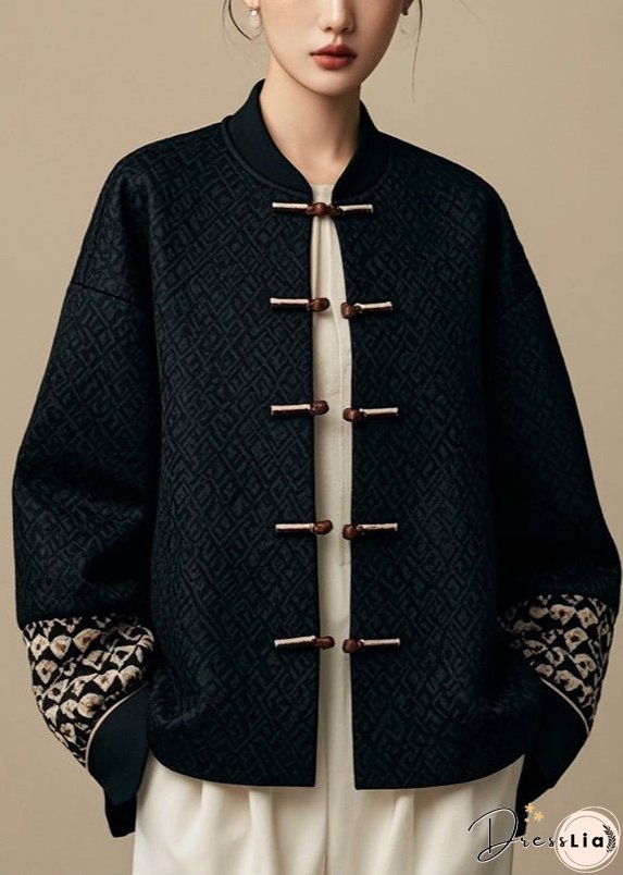 New Black Button Patchwork Cotton Coat Fall
