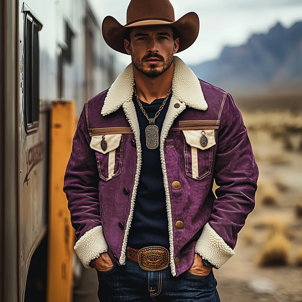 Men's Vintage Western Cowboy Printed Sherpa Jacket-inspireuse