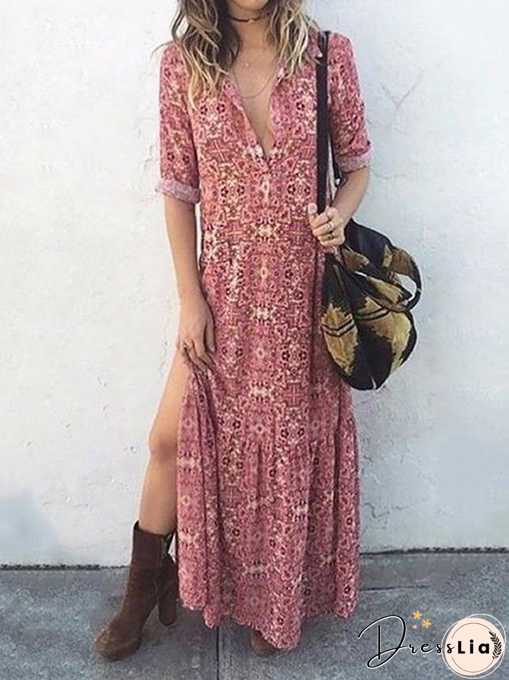 Women V-Neck Printed Split Skirt