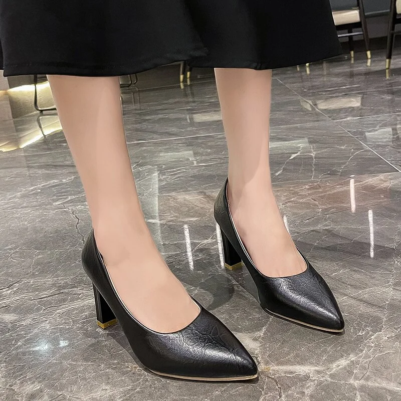 Qengg Spring Autumn New Soft Leather Solid Color Women's Shoes Pointed Toe Comfortable Shallow Mouth Fashion High-heeled Shoes