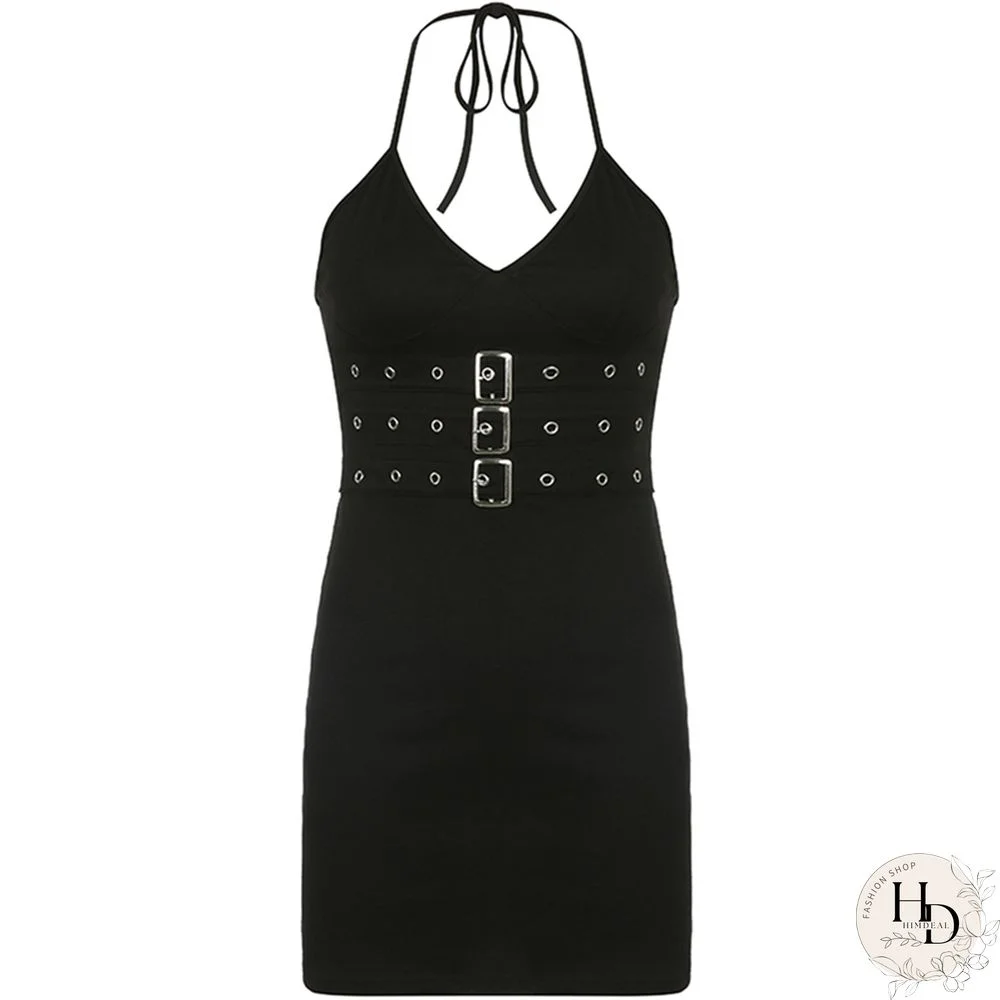 Eyelet Belts Punk Goth Bodycon Dresses Dark Academia Backless Halter Tie Up Sexy Black Mini Dress Female Club Outfits