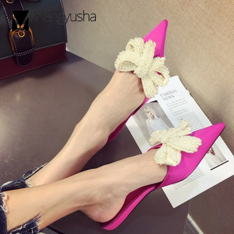 upscale big pearl bow slippers women pointed toe silk sandals beading bowtie mules shoes woman outdoor slides flip flops c647