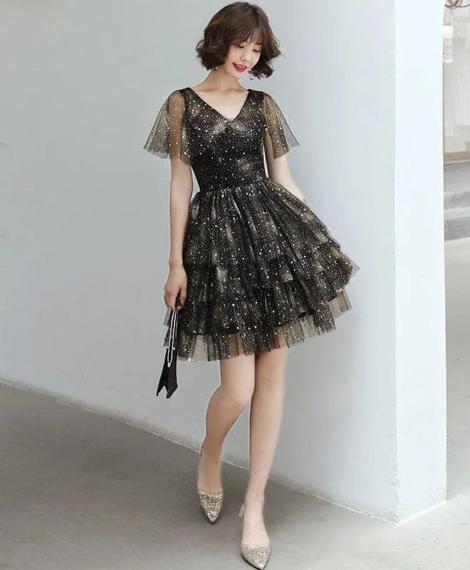 Black V Neck Tulle Sequin Short Prom Dress, Black Homecoming Dress SP16310