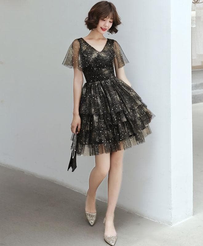Black V Neck Tulle Sequin Short Prom Dress, Black Homecoming Dress SP16310