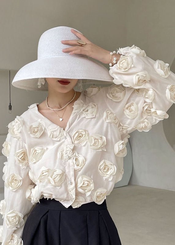 Plus Size Beautiful White V Neck Floral Shirts Spring CK2914- Fabulory