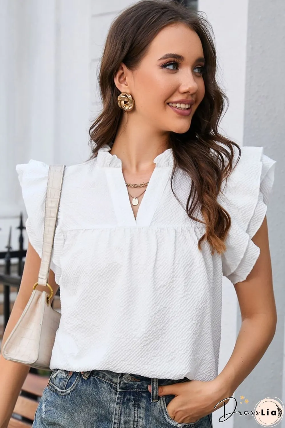 Notched Neck Butterfly Sleeve Blouse
