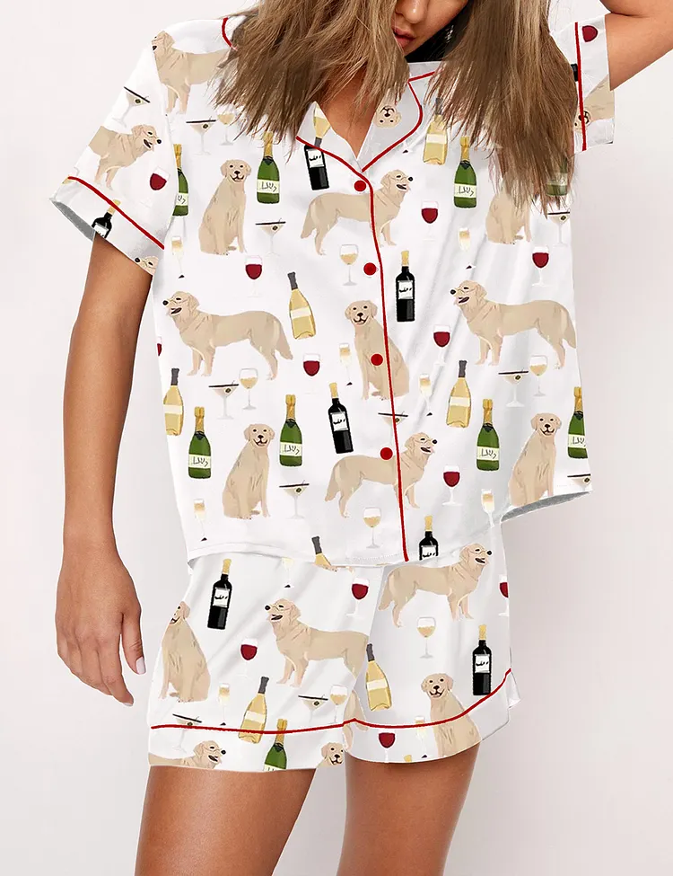 Women's Golden Retriever And Wine Short Sleeve Satin Pajama Set