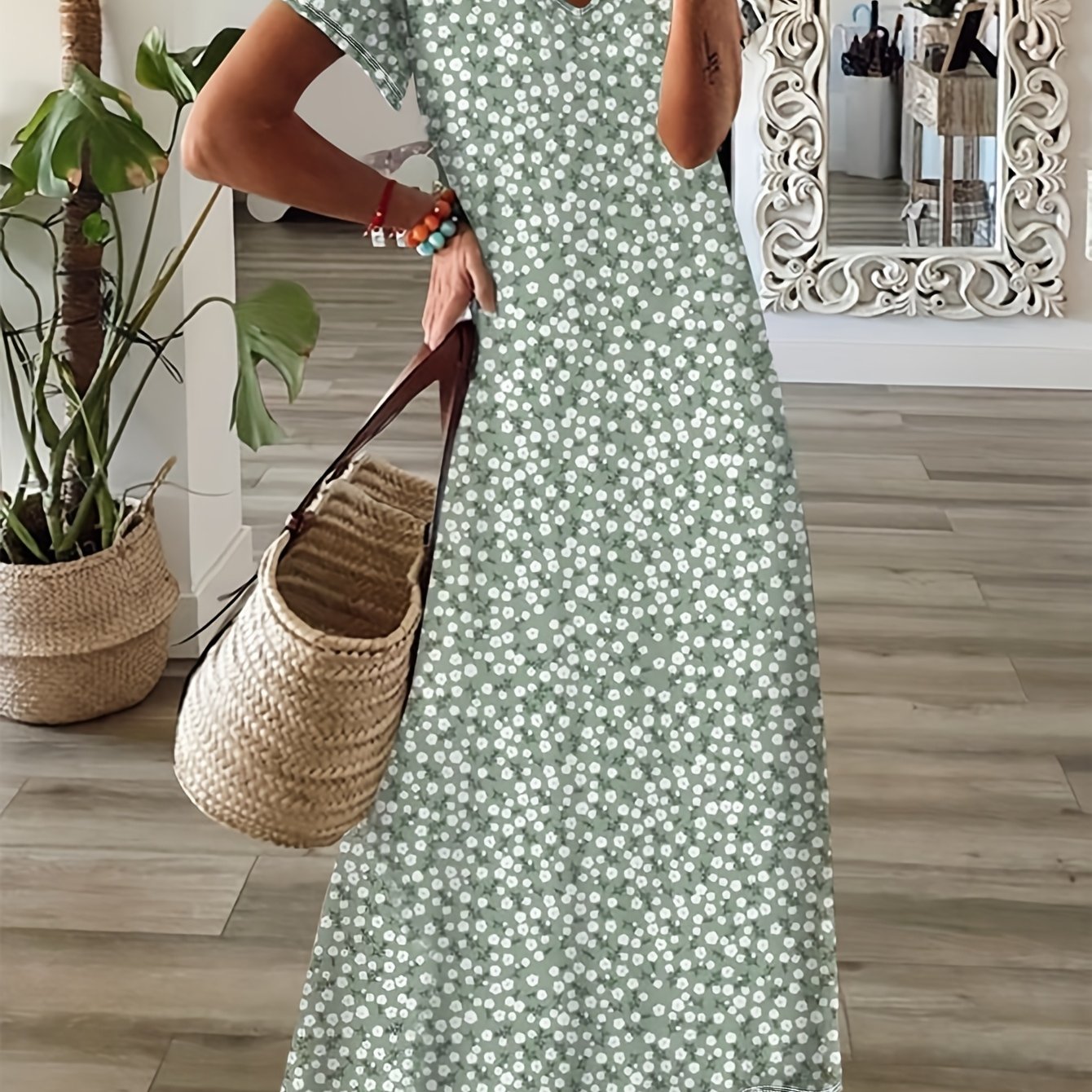 Women's V-Neck Floral Long Dress – Lightweight Stretchy Casual Wear