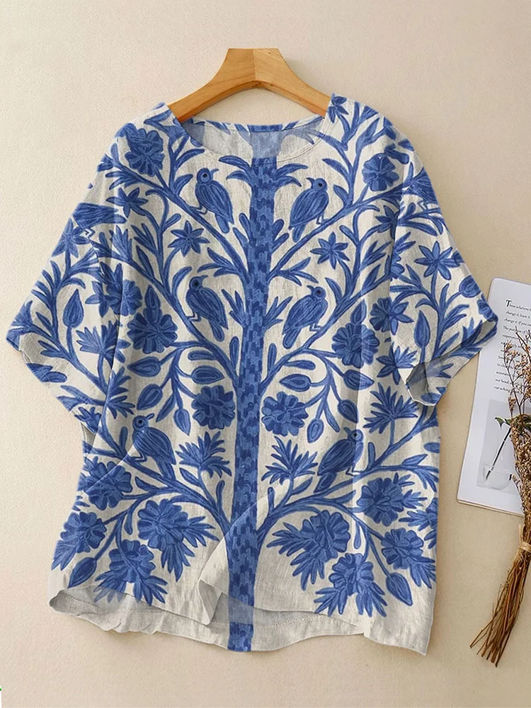 Women's Vintage Tree Art  Print Casual Linen Crew Neck Shirt