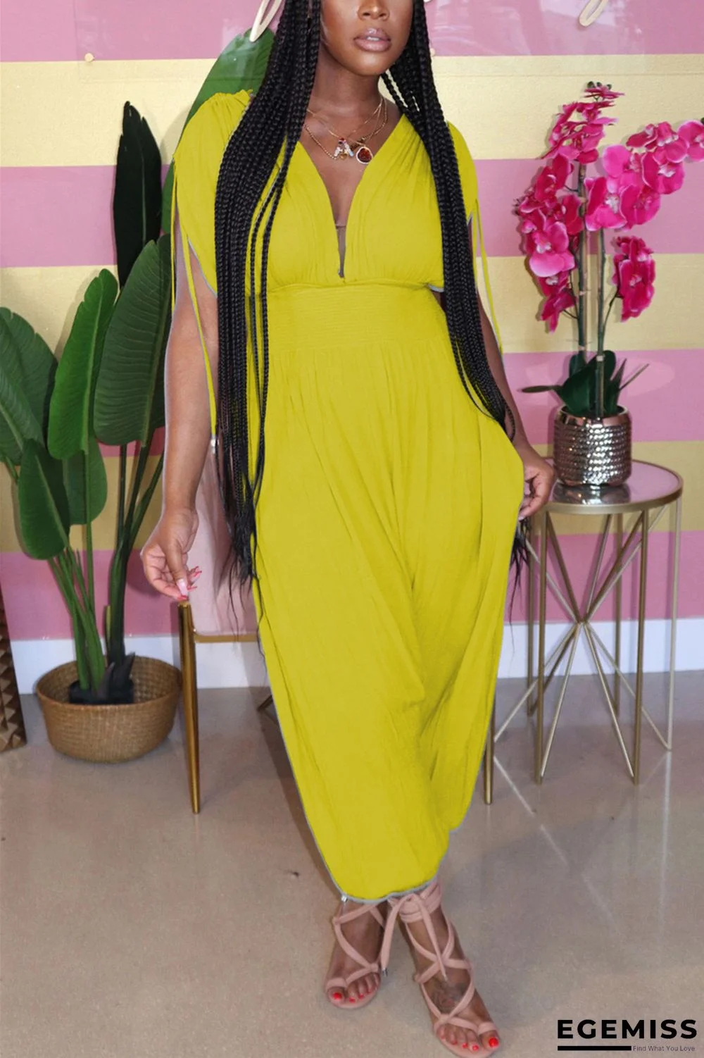 Yellow Sexy Patchwork Hollow Solid Chemical fiber blend Short Sleeve V Neck Jumpsuits | EGEMISS