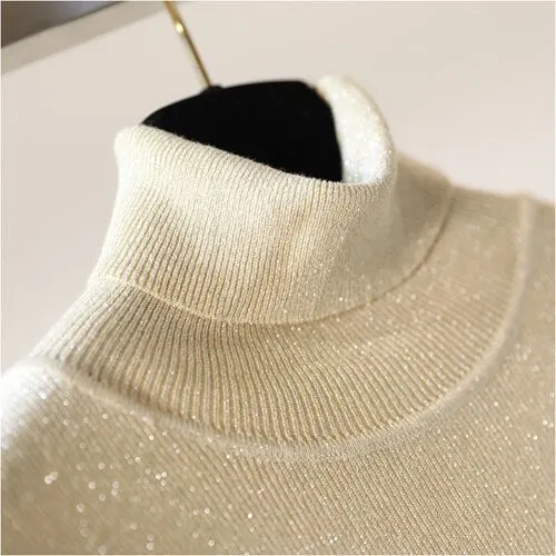 Glitter Turtleneck knit sweater Shinny Chic Women Sweaters And Pullovers spring Autumn thin bling Lurex slim baisc sweater