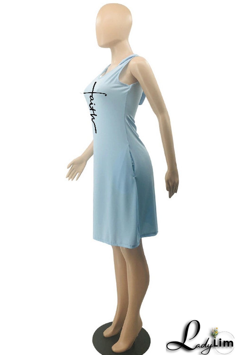 Light Blue Fashion Casual Print Basic Hooded Collar Sleeveless Dress Dresses