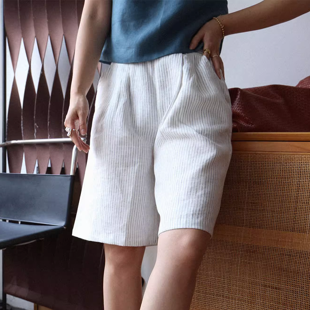100% European Linen Striped Shorts REAL SILK LIFE