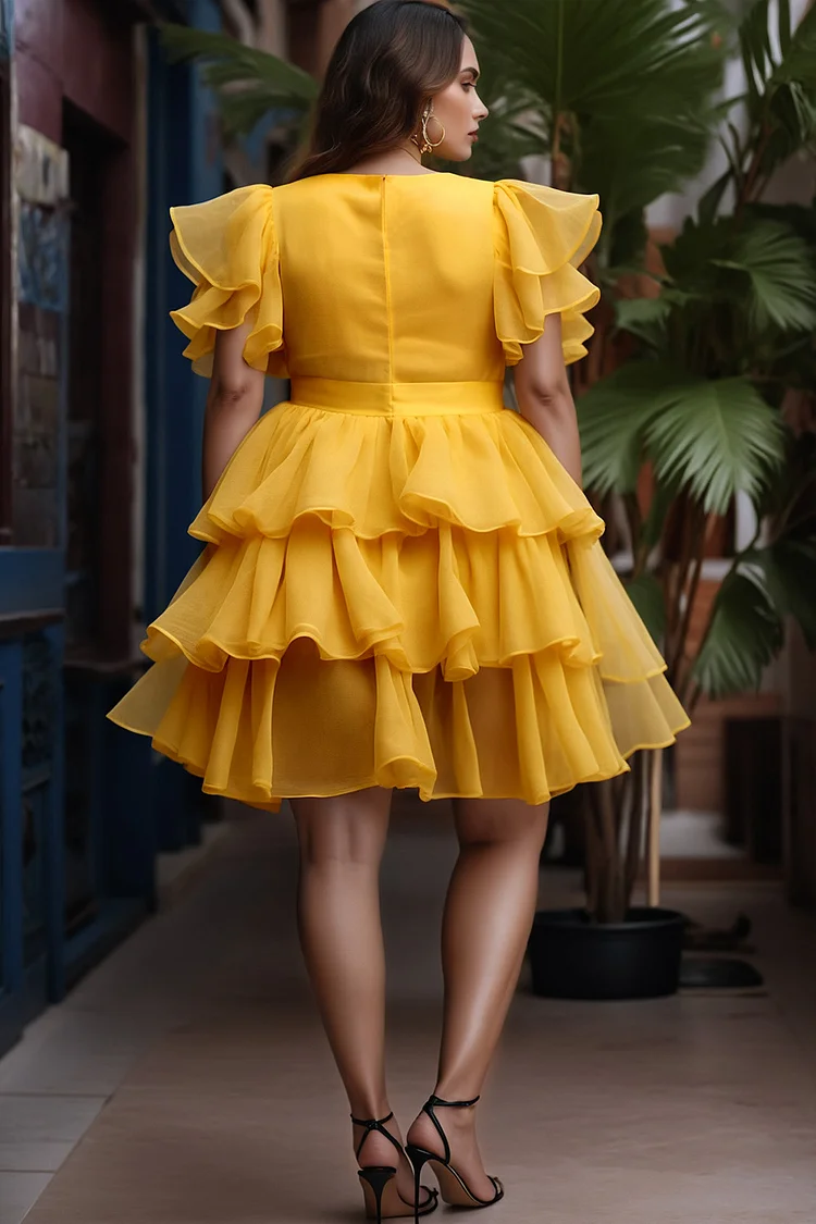Xpluswear Design Plus Size Cocktail Party Yellow Elegant V Neck Flutter Sleeve Ruffle Tiered Chiffon Mini Dresses [Pre-Order]