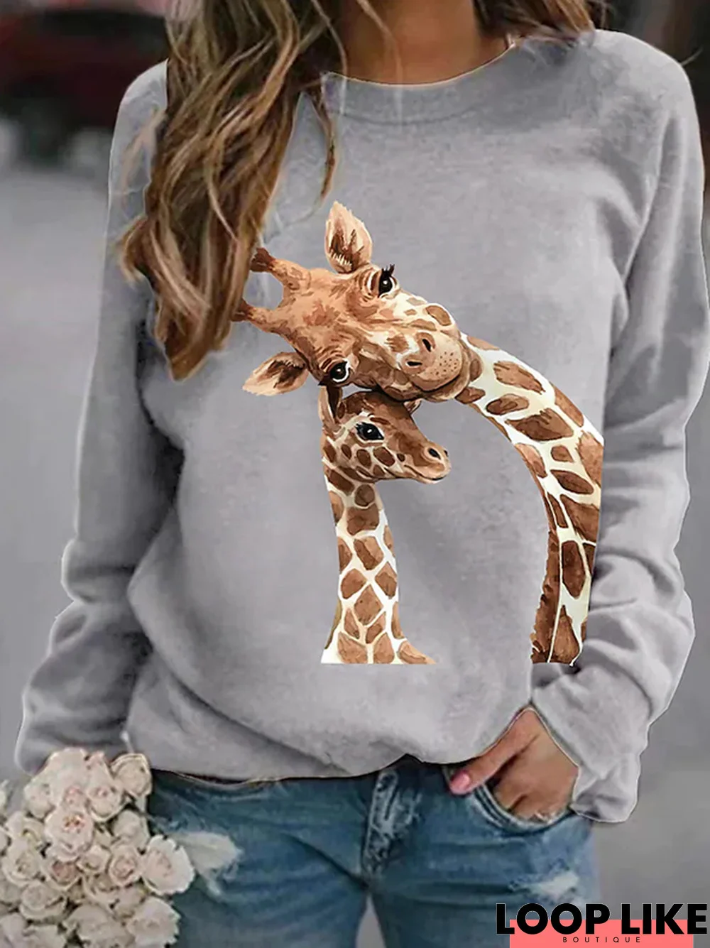 Animal Printed Casual Long Sleeve Round Neck Sweatshirt