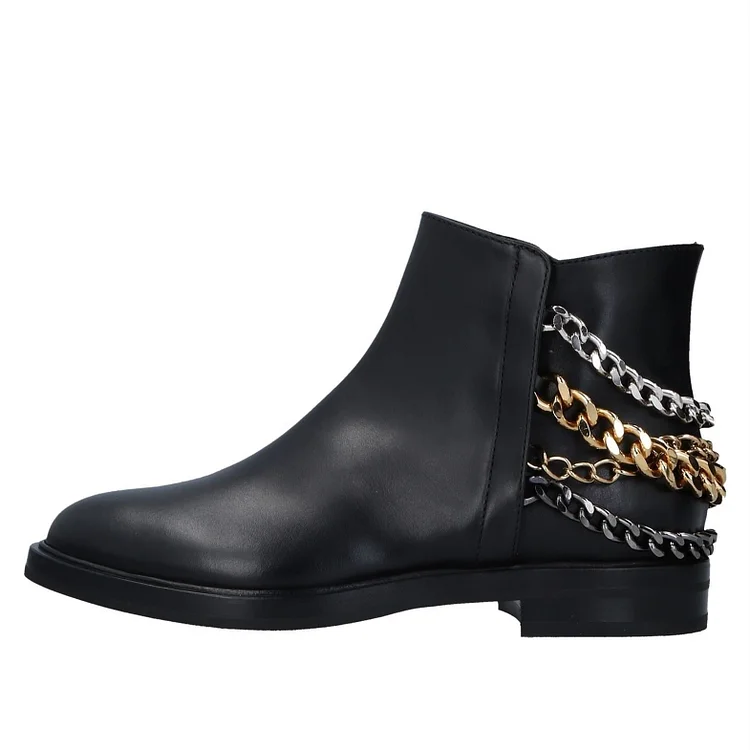Black Three Chains Flat Ankle Boots |FSJ Shoes