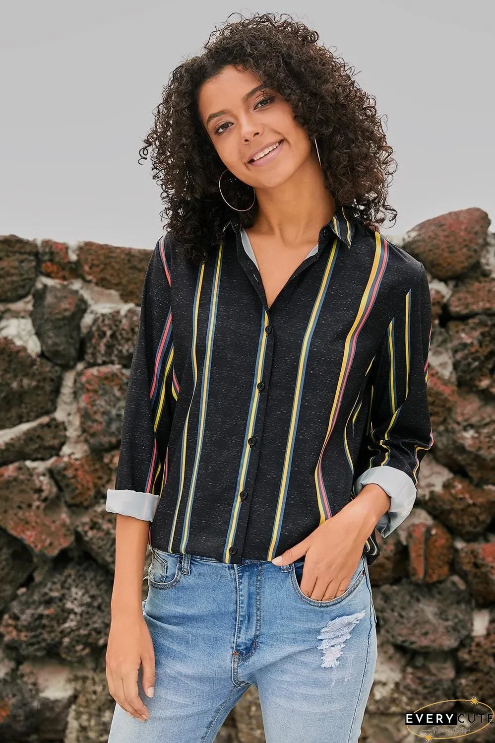 Women's Vertical Striped Button-Down Shirt