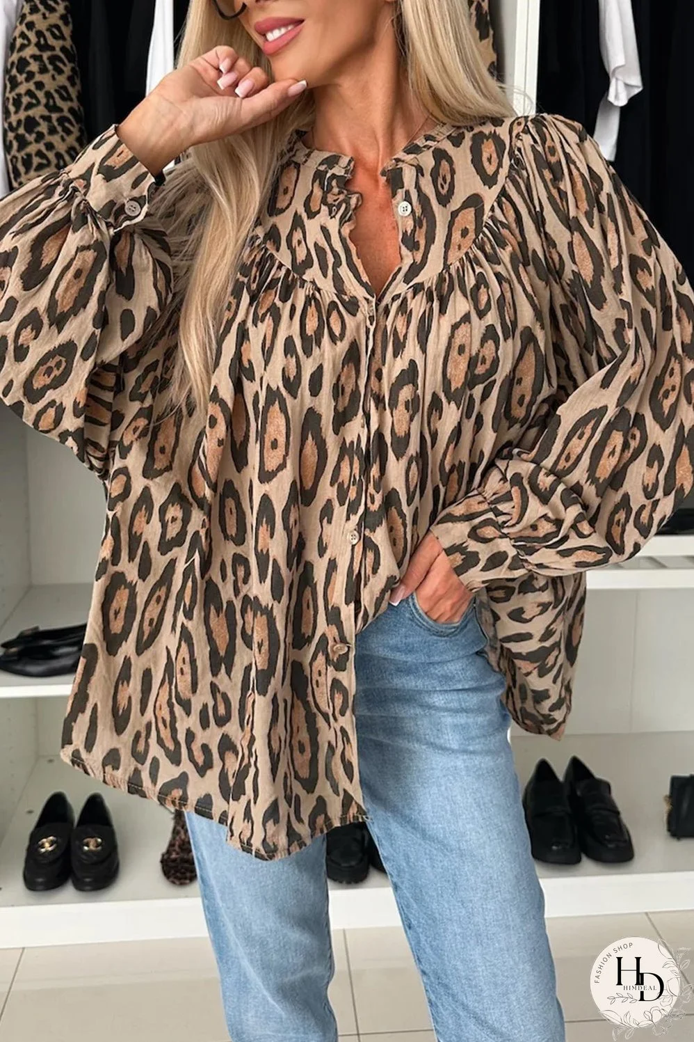 Light French Beige Oversized Leopard Print Balloon Sleeve Casual Shirt
