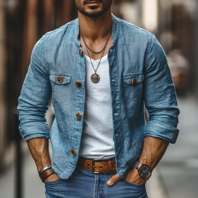 Men's Casual Linen Chest Pocket Stand Collar Slim Fit Long Sleeve Shirt Jacket