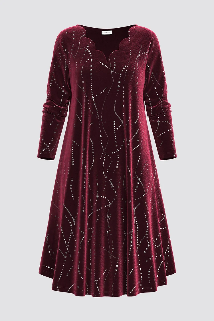 Flycurvy Plus Size Christmas Burgundy Sparkly Print Wavy V Neck Long Sleeve Midi Dress
