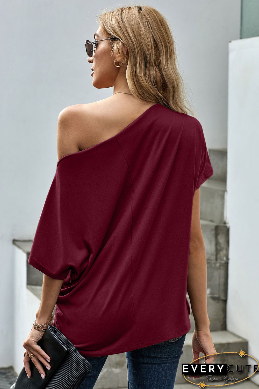 Red Off-The-Shoulder Slash Neck Casual Loose Fitting Top