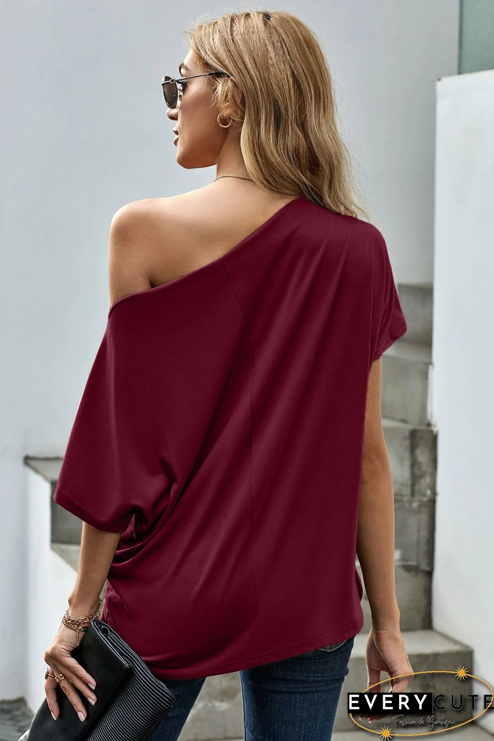Red Off-The-Shoulder Slash Neck Casual Loose Fitting Top