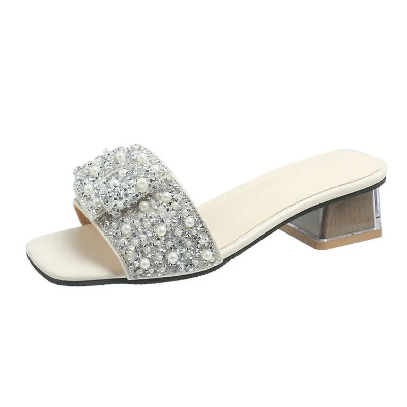 Zhungei Rhinestone Sequins Designer Slides Luxury Non-Slip Square Heel Women Slippers Fashion New Butterfly-knot Sandals