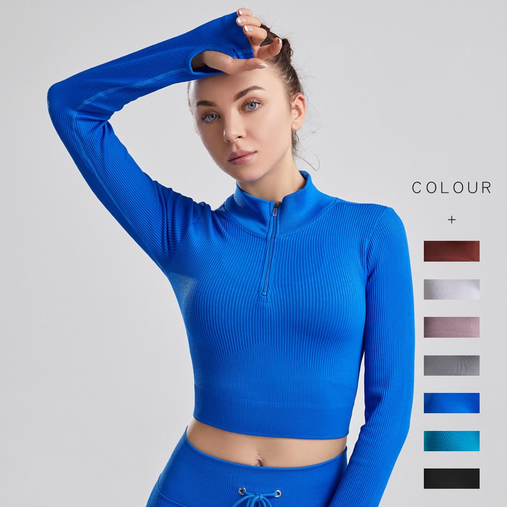 Plus Size Stand Collar Thread Tights Yoga Wear Sports Long Sleeve Women's Top  LILYELF