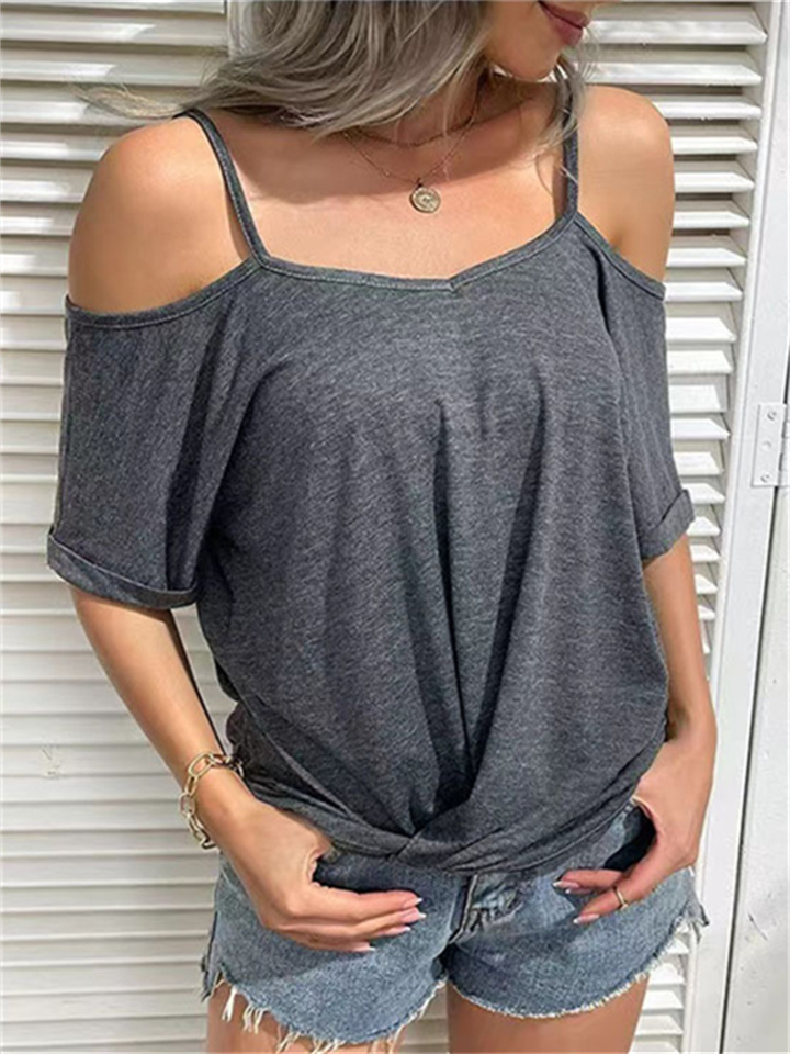 Strapless Halter Solid Color Short-sleeved Tops T-shirt Female S M L XL 2XL 3XL